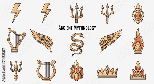 Detailed Illustrations of Ancient Mythology Symbols and Icons in Gold Tones