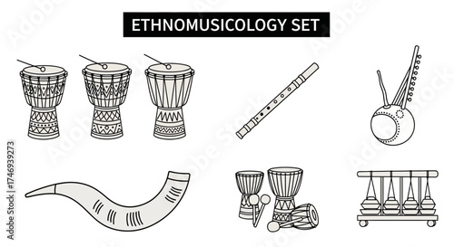 Detailed Line Art Depicting Various Traditional Musical Instruments