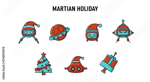 Festive Martian Robots and Planet Celebrating a Holiday Season in Space
