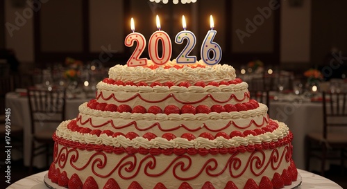 Festive Tiered Cake with 2026 Candles Celebrating New Year or Anniversary.