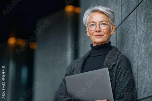Elderly businesswoman wearing glasses using a laptop outdoors embodying strength and independence
