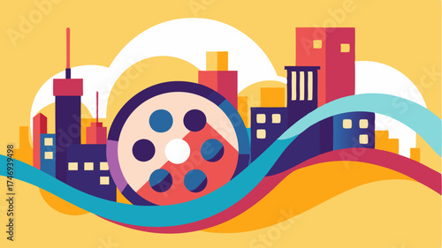 An abstract representation of a film reel intertwined with a vibrant city skyline showcasing the connection between storytelling and urban life.