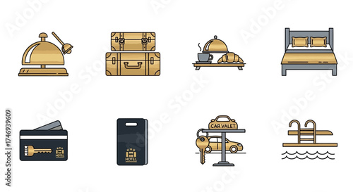Hotel Icons Bell Luggage Breakfast Bed Keycard Key Valet Pool