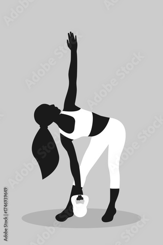 In a minimalist style, a faceless fitness woman performs a stretching exercise with a kettlebell.