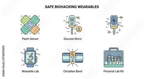 Illustrated Biohacking Wearables Patch Sensor Glucose Micro and Lab Kit