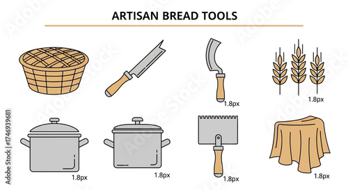 Illustrated Artisan Bread Tools Basket Knives Pots and Wheat