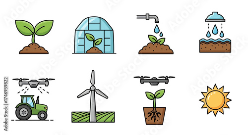 Illustrated Icons Depicting Agriculture Technology and Environmental Sustainability Concepts