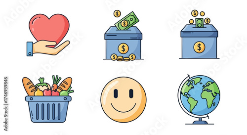 Illustrated Icons Representing Charity Finances Food Happiness and Global Awareness