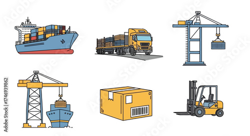 Illustrated Logistics Shipping Transportation and Cargo Handling Icons