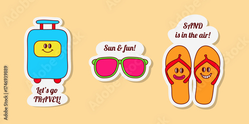A collection of colourful, cartoon-style stickers, including luggage, sunglasses, and flip-flops. They express a theme of travel, vacation, and summer fun.