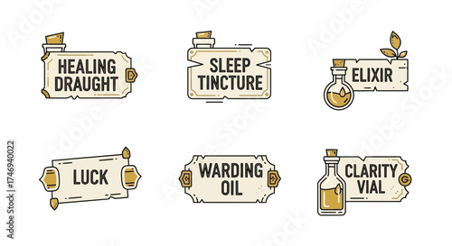 Illustrated Vintage Labels for Magical Potions and Elixirs with Detailed Designs