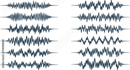 Abstract Waveforms Set, Soundwaves, Voice Lines on White Background, Audio Waveforms