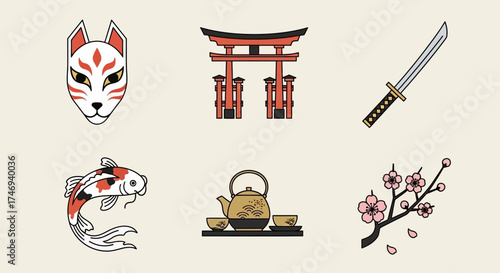 Japanese Cultural Icons Kitsune Mask Torii Gate Katana Koi Tea Set Cherry Blossoms
