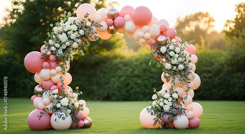 An elegant balloon arch with pink and white balloons and flowers for an outdoor celebration.