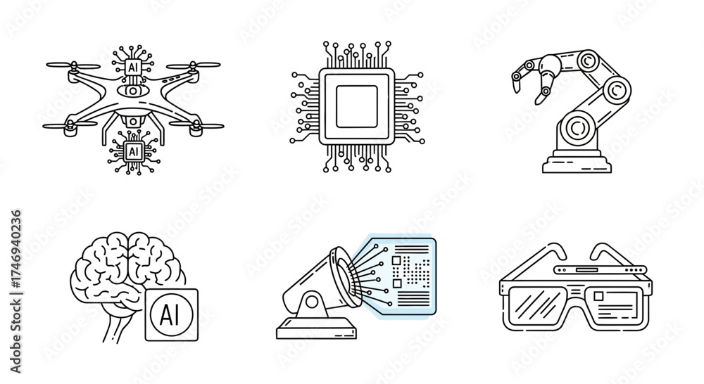 Obraz premium Outlined AI Technology Icons Depicting Robotics Drones and Brains