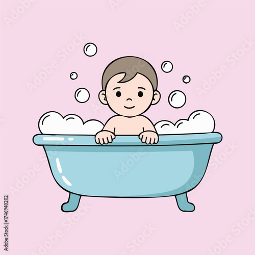 A cheerful baby enjoys a bubbly bath, surrounded by floating bubbles, Baby bath illustration.
