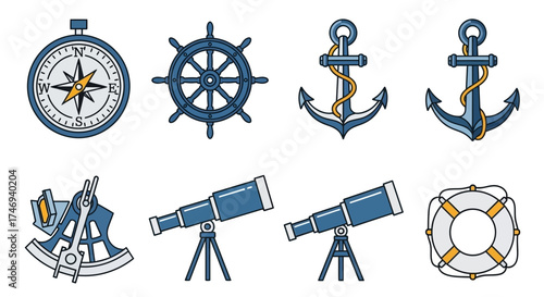 Nautical Navigation Tools Compass Wheel Anchors Sextant Telescopes and Lifebuoy