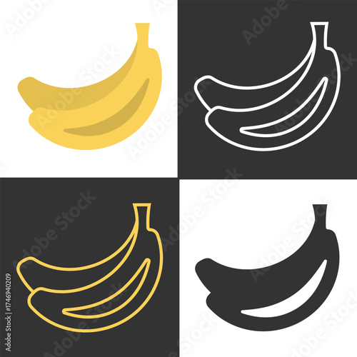 Colorful line icons of bananas are displayed in four quadrants, featuring yellow, white, gold, and black designs. Each icon contrasts with its background, highlighting the fruit shape.