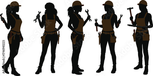 Construction worker silhouettes, handyman tools, hard hat, tool belt, work boots, hammer, wrench, screwdriver, skilled labor, tradespeople, craftsmanship