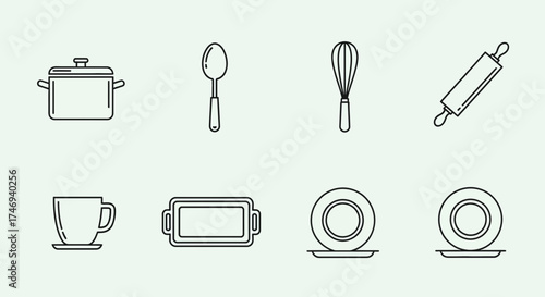 Outlined Kitchen Utensils and Dishes for Cooking and Baking Preparation