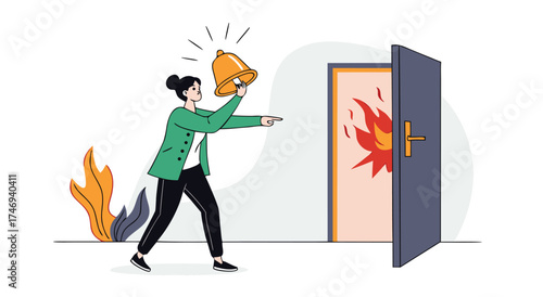 Woman alerts everyone to an emergency fire situation with a bell.

