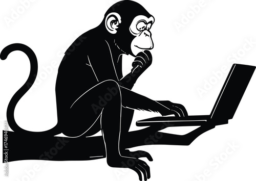 Photography Anthropomorphic monkey sitting on tree branch using laptop, thoughtful animal ch
