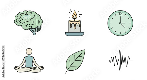 Symbolic Icons Representing Mindfulness Time Brain Activity and Meditation