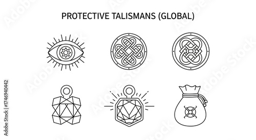 Symbolic Line Art of Protective Talismans and Ancient Symbols