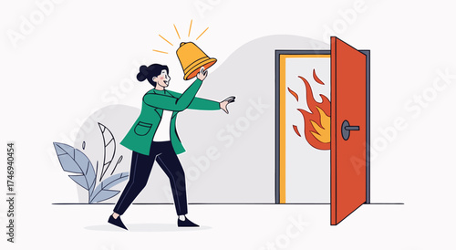 Woman alerts everyone to an emergency fire situation with a bell.

