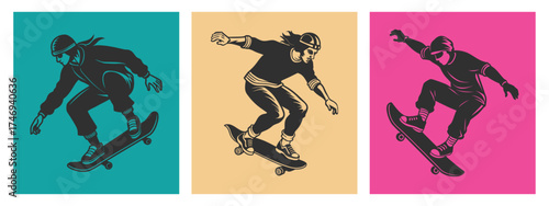 Set of modern posters with skaters jumping with skateboards. Street activity for teenagers. Illustrations, print design.