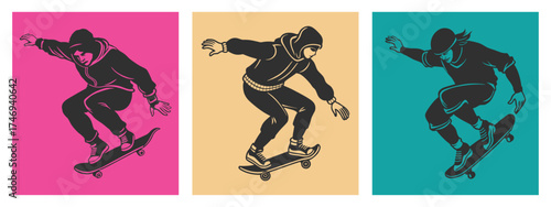 Set of modern posters with skaters jumping with skateboards. Street activity for teenagers. Illustrations, print design.