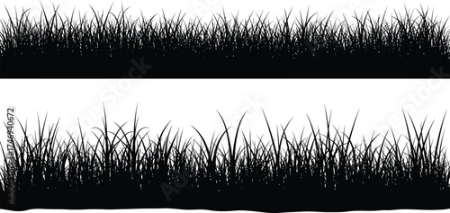 Black Grass Silhouette Borders Set Isolated on White Background Landscape Elements