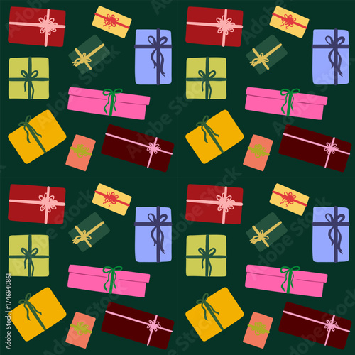 Vector seamless pattern of colorful Christmas gift boxes illustration. Perfect for branding, textiles, wrapping paper , and design. 
