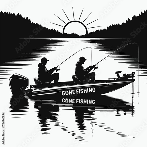 Two Anglers Fishing from a Boat Silhouette