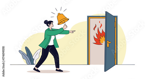 Woman alerts everyone to an emergency fire situation with a bell.

