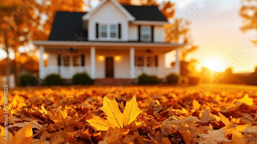 Cozy Autumn Home Surrounded by Golden Leaves at Sunset