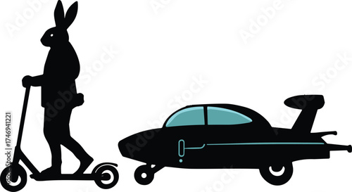Anthropomorphic rabbit silhouette riding kick scooter pulling futuristic trailer, humanoid animal character illustration, whimsical mascot design, creative urban transport fantasy business concept
