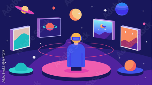 A virtual reality space where visitors can create and curate their own art exhibits using a selection of digital pieces from various artists.