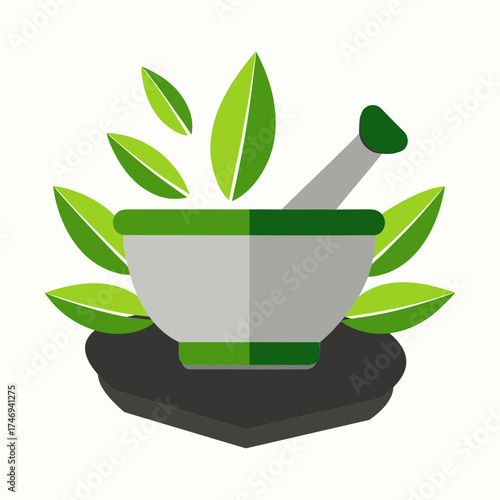 Vector art illustration of mortar and pestle with vines and leaves