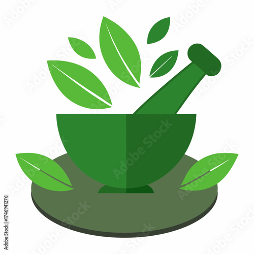 Vector art illustration of mortar and pestle with vines and leaves