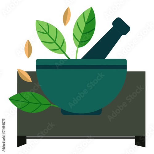 Vector art illustration of mortar and pestle with vines and leaves