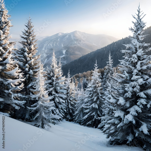 Vertical shot of snow covered trees in the mountains in winter