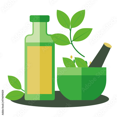 Vector art illustration of mortar and pestle with vines and leaves