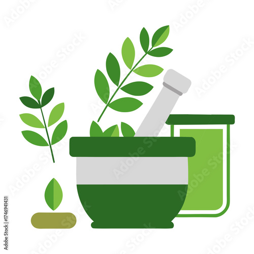 Vector art illustration of mortar and pestle with vines and leaves