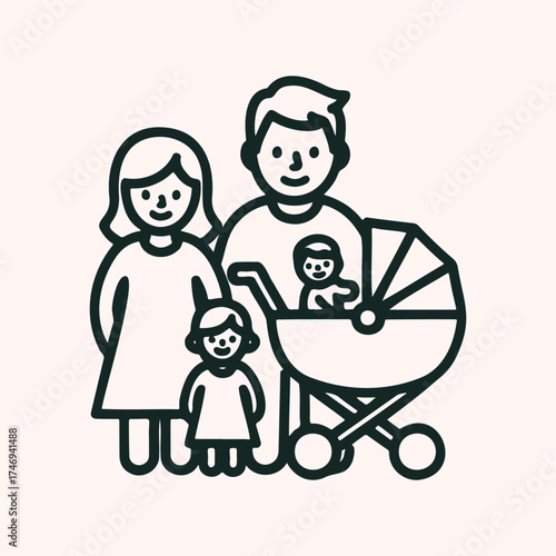 Family Icon, A family portrait of parents, a child, and a baby in a stroller, line art style.