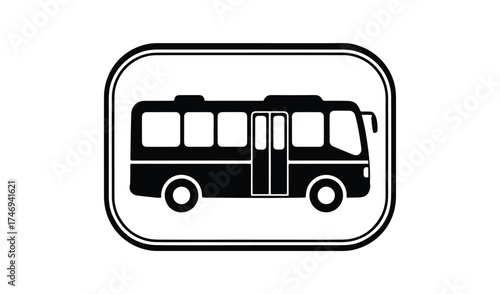 Black silhouette of a bus inside a rounded square frame