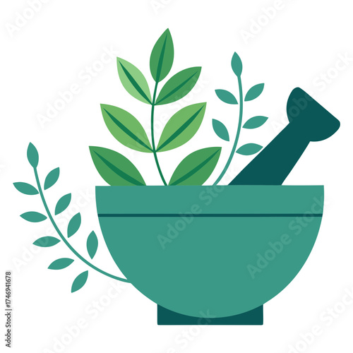 Vector art illustration of mortar and pestle with vines and leaves
