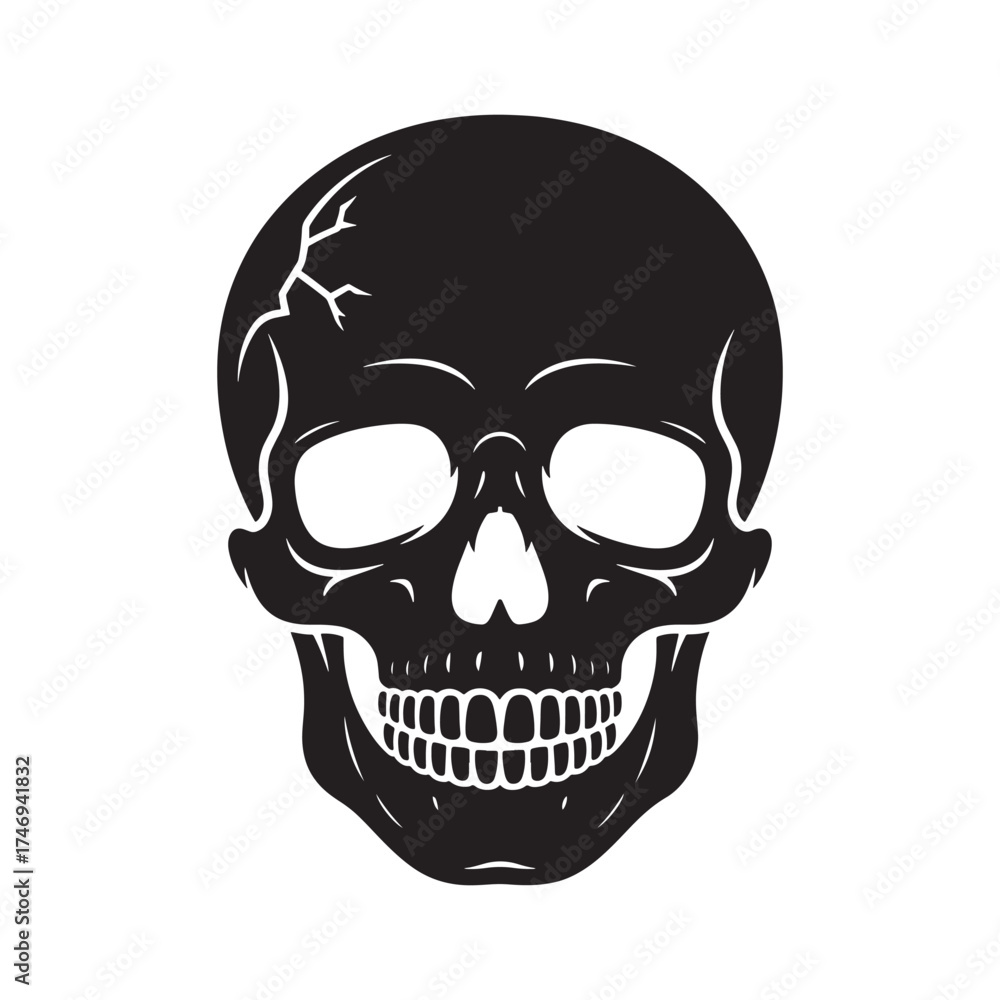 Fototapeta premium A stark black and white illustration of a human skull facing forward with visible teeth and eye sockets