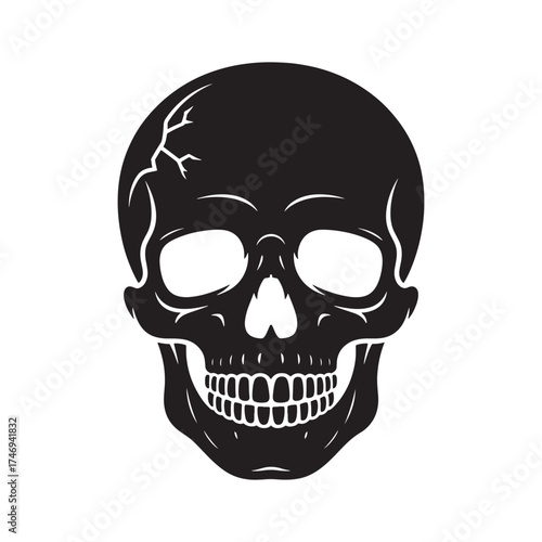 A stark black and white illustration of a human skull facing forward with visible teeth and eye sockets