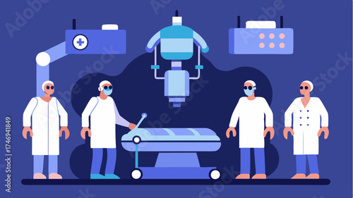 A futuristic medical facility where AI robots assist doctors during surgeries utilizing augmented reality to project vital information in realtime enhancing precision.